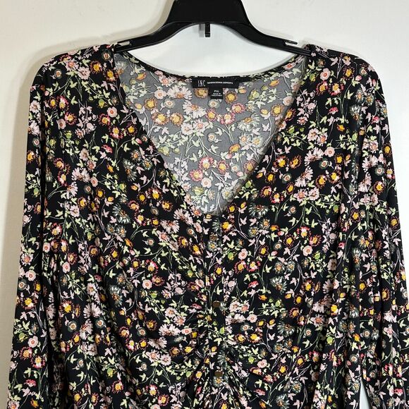 INC International Concepts Top Sz PL Floral Ruched Front Button Up V-Neck Blouse - Picture 2 of 11